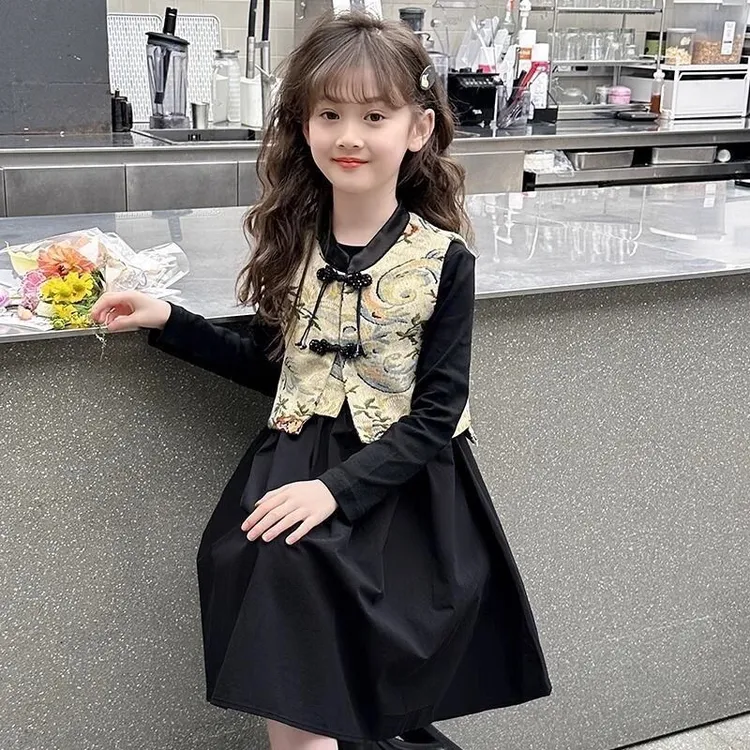 女童套装裙春秋季2025新款中式国风马甲儿童连衣裙大童唐装两件套