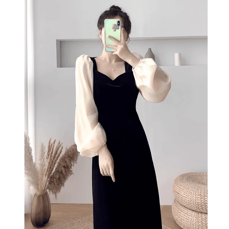 气质长袖方领连衣裙女装2025秋季新款复古法式高级感遮肉显瘦裙子