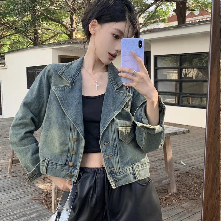 牛仔外套女春秋短款韩版复古美式高街翻领机车夹克宽松设计感上衣