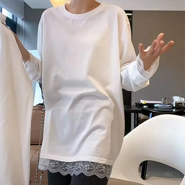 白色拼接蕾丝中长款长袖t恤2025春秋新款爆款宽松内搭打底衫上衣