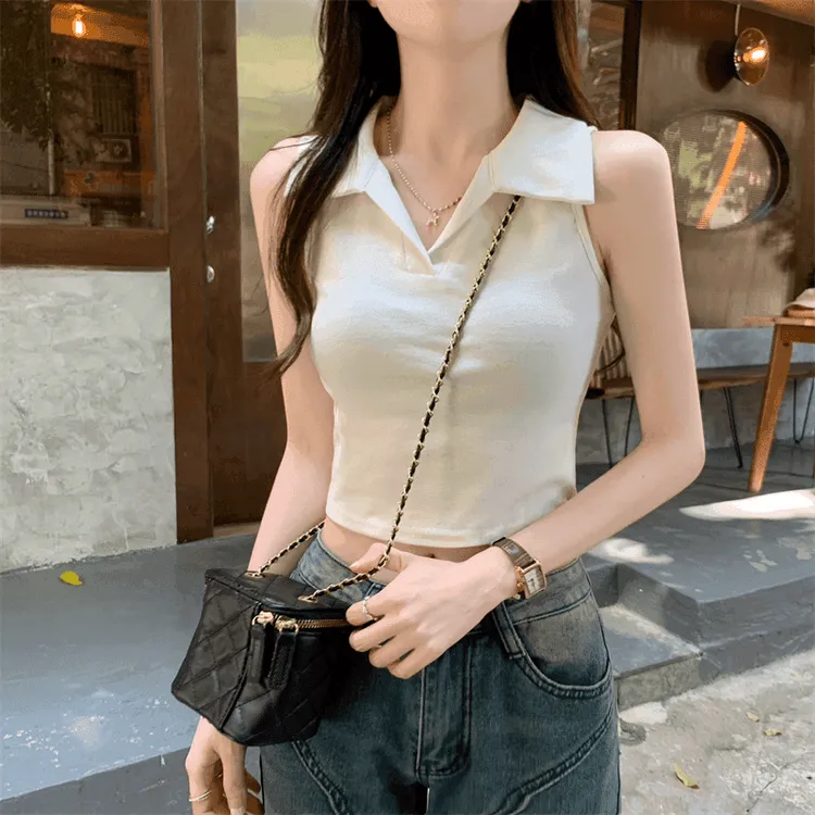 美式小吊带背心女夏季2025新款遮副乳内搭无袖白色polo领外穿上衣