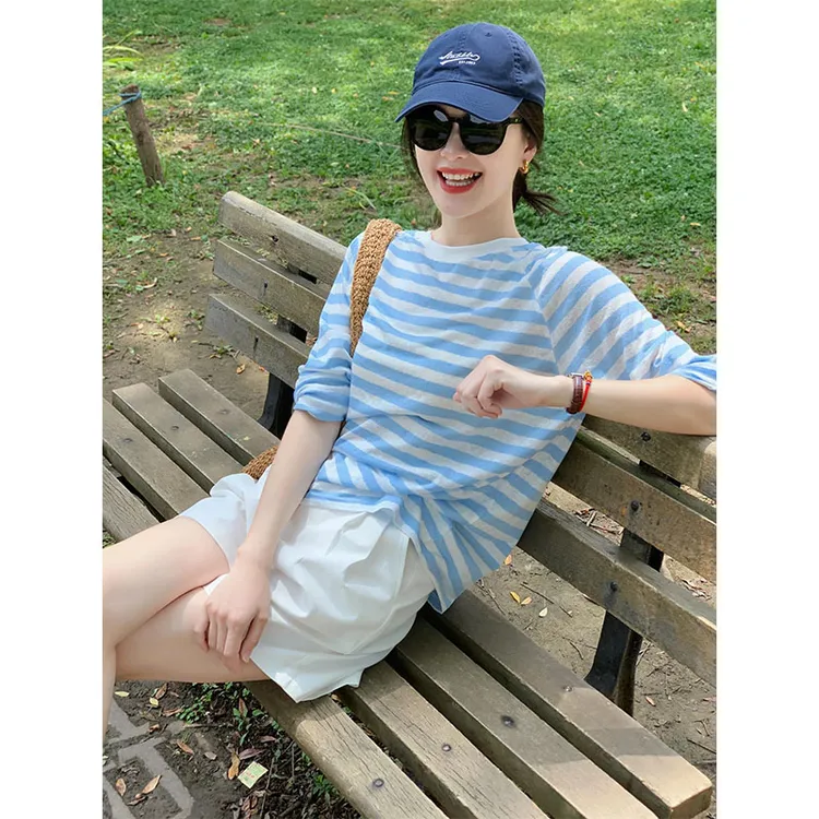 蓝色条纹长袖冰丝防晒T恤女夏季小个子宽松外搭薄款空调罩衫上衣