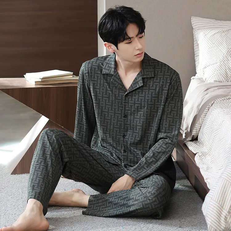 高档双面纯棉2024新款睡衣男士长袖春秋款青少年可外穿家居服套装