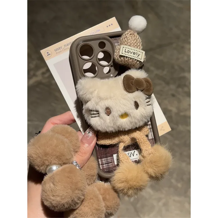 奥菲顿毛绒凯蒂格纹适用iphone16/15pro手机壳华为vivo小米14oppo