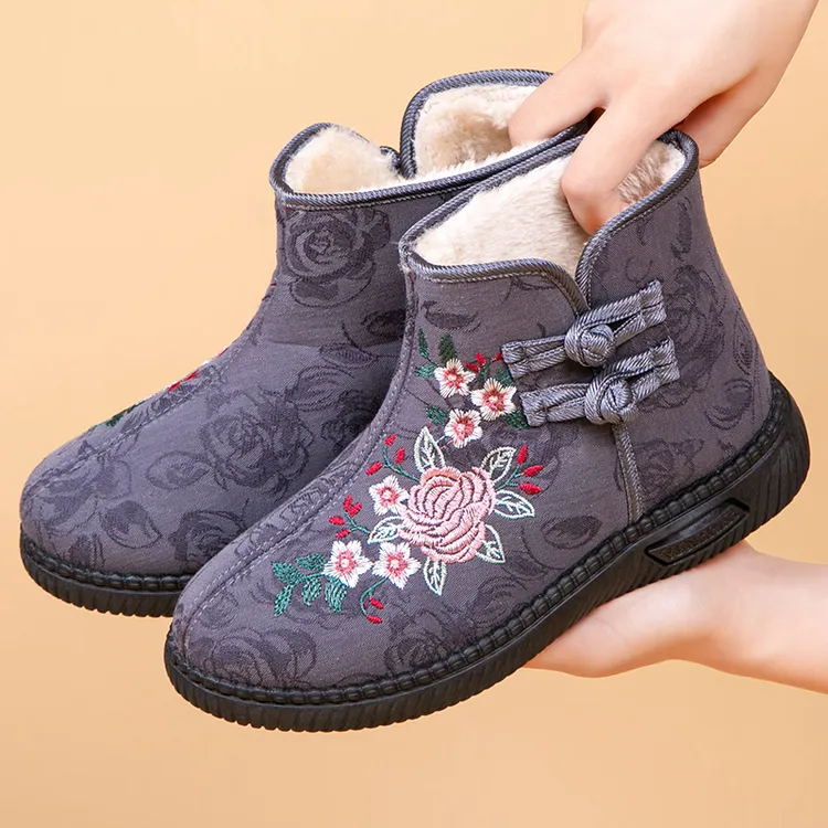 老北京布鞋女冬加绒保暖民族风绣花短靴防滑中老年妈妈鞋奶奶棉鞋