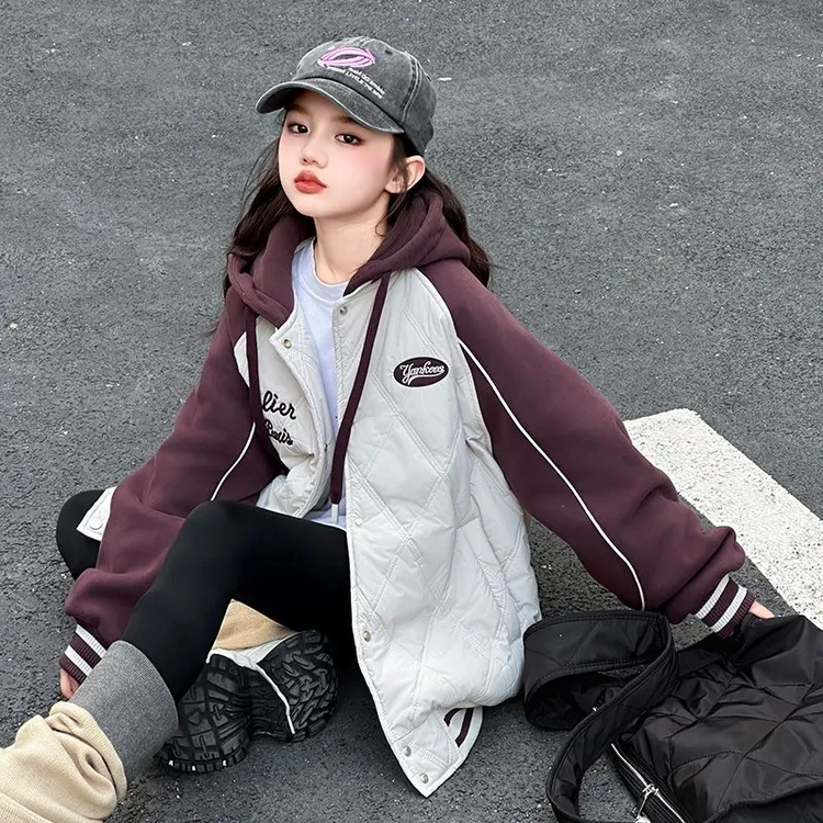 女童拼色夹棉外套大儿童冬季洋气连帽加厚棒球服女孩秋冬二棉夹克