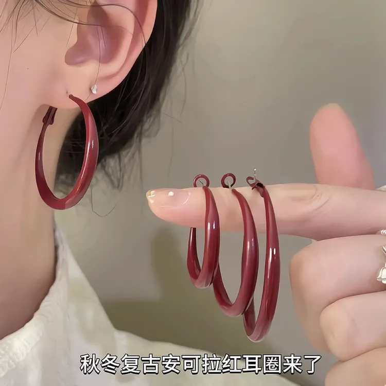 合金珐琅耳饰 安可 可拉红色素圈耳环法式复古夸张大耳圈简约ins