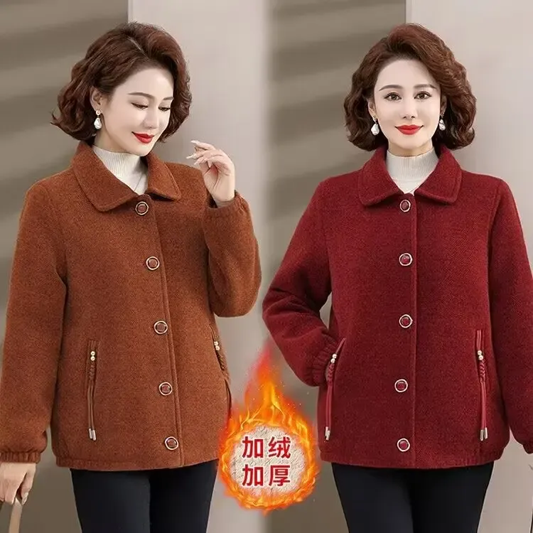 中老年冬季新款加绒保暖毛呢外套妈妈装高档气质上衣加厚棉衣棉服