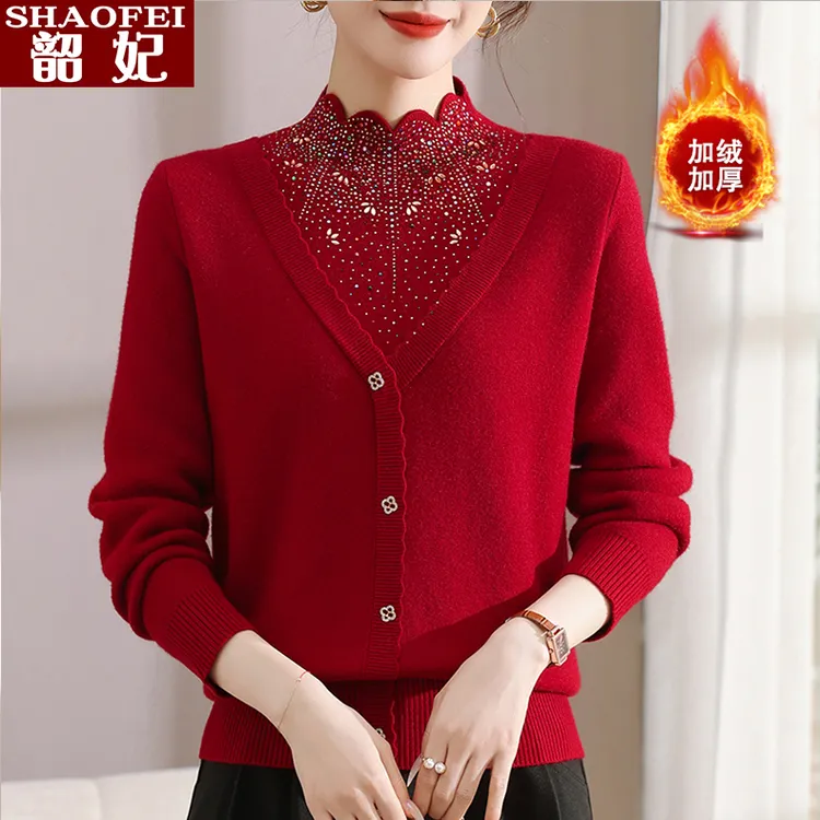 妈妈秋冬装加绒假两件毛衣洋气打底衫中老年女保暖内搭针织厚上衣