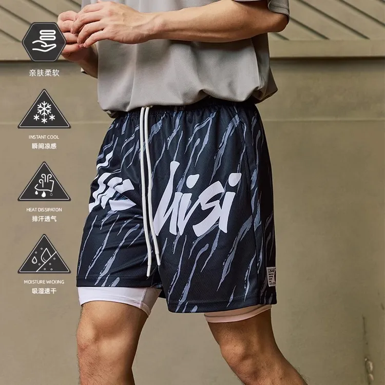 LUSHISI斑马纹主题印花美式速干不过膝网眼运动短裤四五分篮球裤