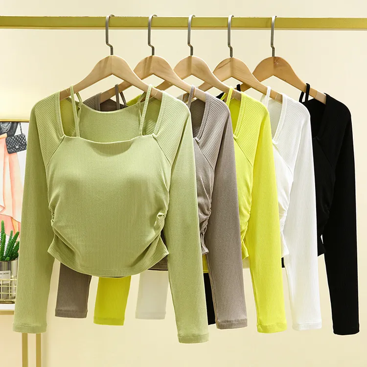 春季带胸垫瑜伽服女紧身显瘦运动长袖上衣跑步健身普拉提训练服