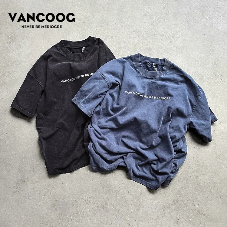 VANCOOG美式潮水洗炒盐做旧廓形宽松落肩350克印花字母短袖T恤男