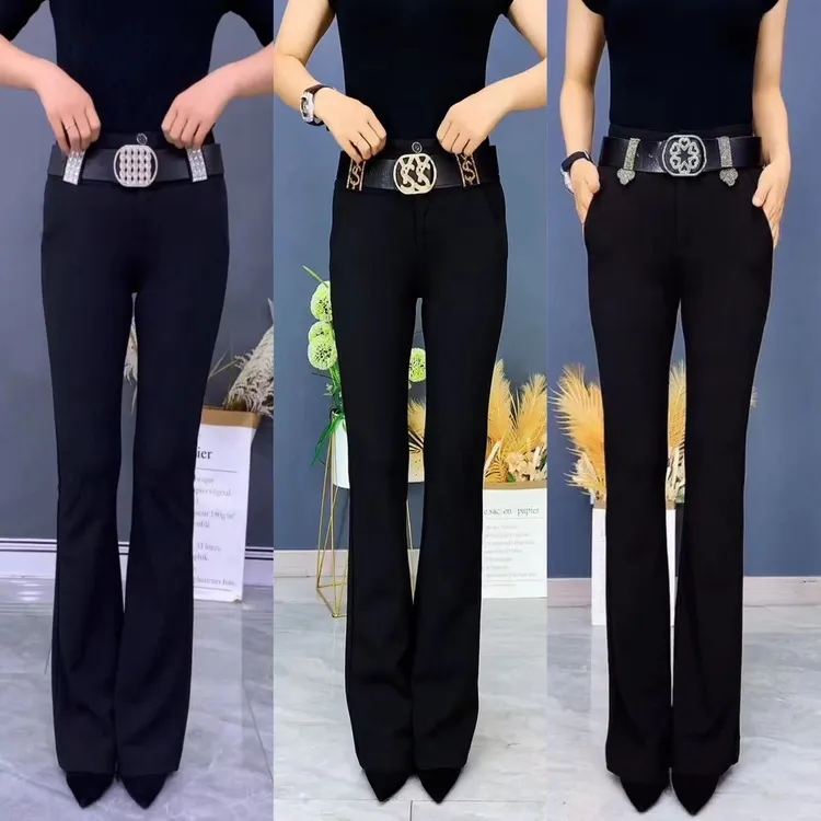 5508#秋季新款显瘦百搭长裤送腰带时尚大码休闲裤高腰高弹微喇裤