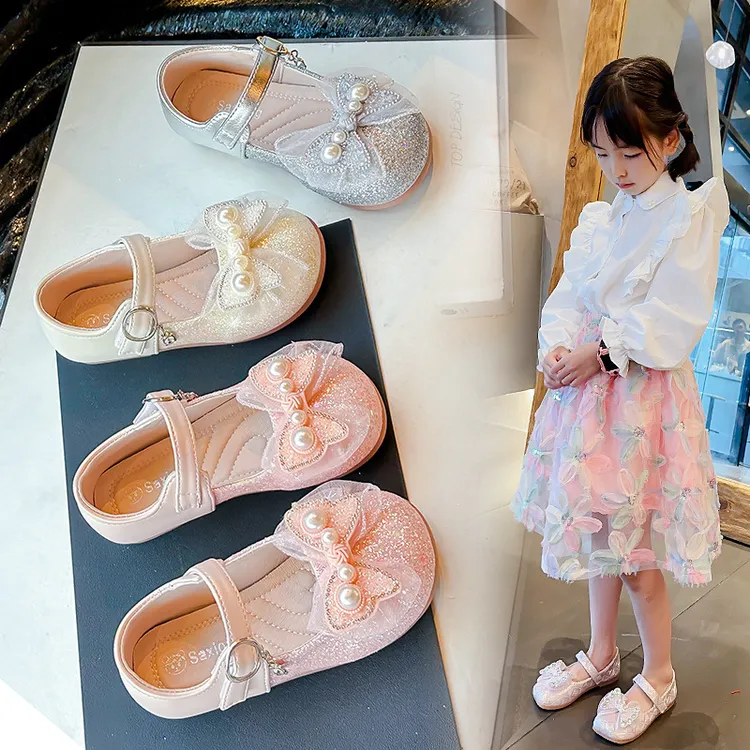女童皮鞋秋款2024新款儿童单鞋小女孩宝宝水钻蝴蝶结新中式公主鞋