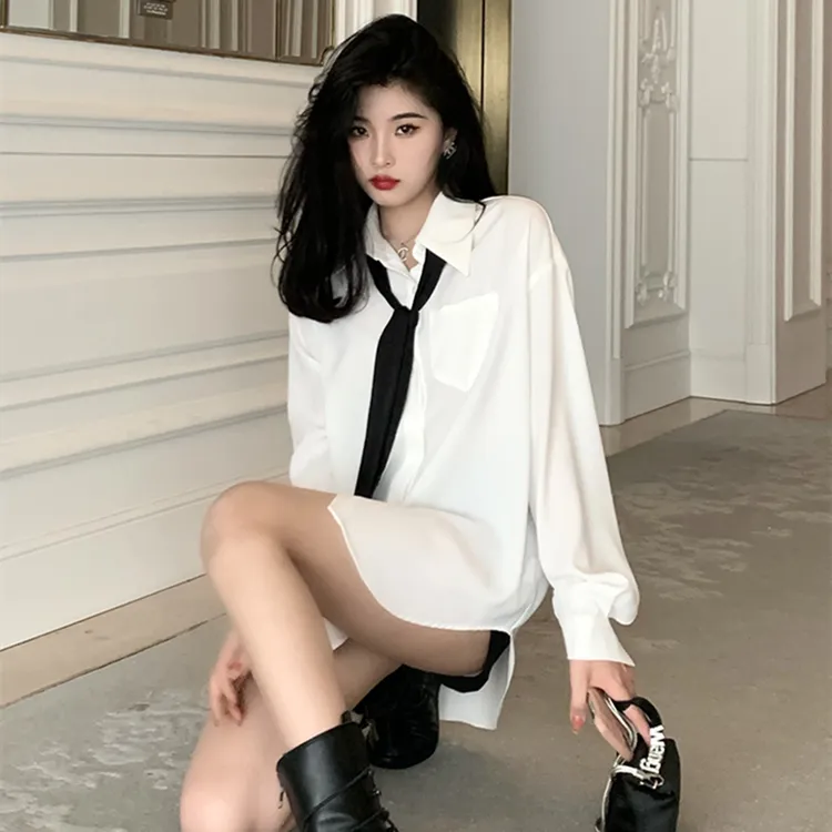 2025春秋季新款学院风领带宽松白衬衣女高级感别致中长款衬衫上衣