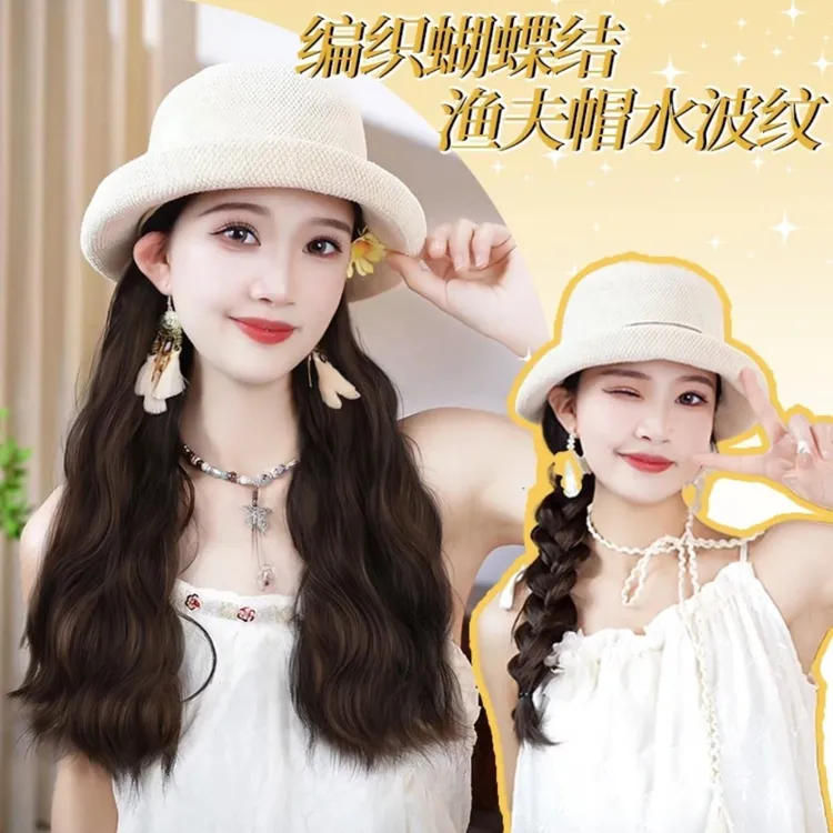 【慵懒卷发】蝴蝶结渔夫帽假发一体修颜减龄百搭温柔气质水波纹