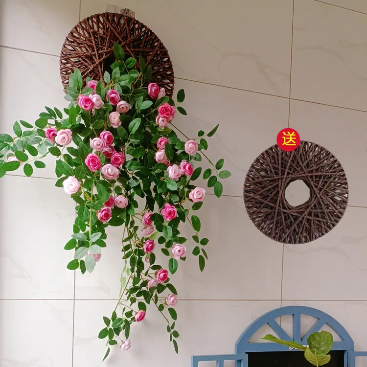 【送飞盘】维多利亚高级玫瑰花壁挂吊兰室内假花遮挡阳台装饰仿真花