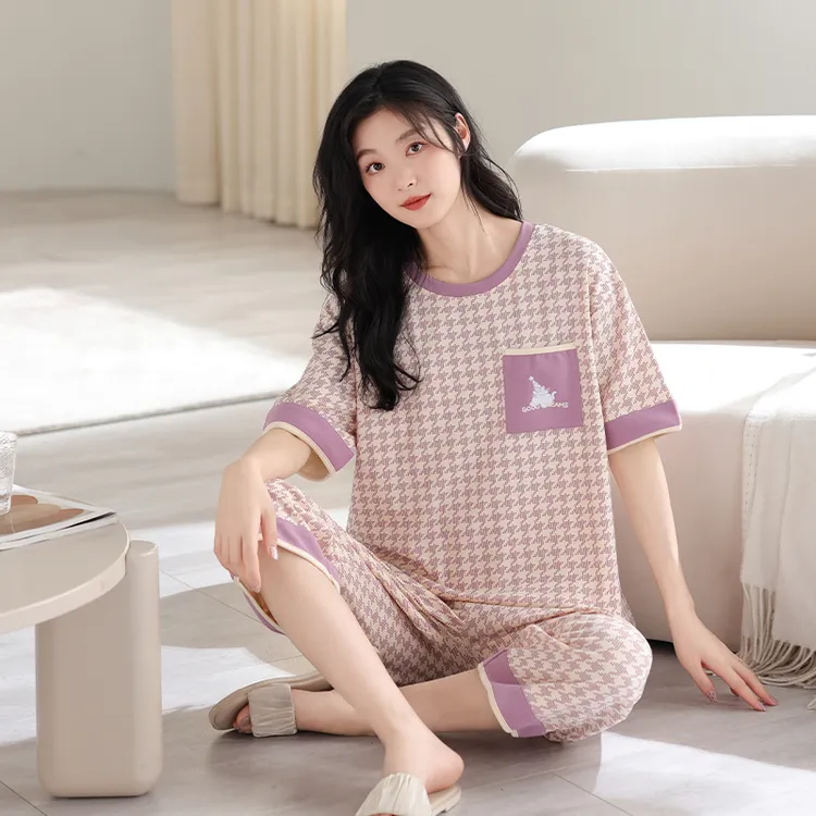 【带胸垫】新款纯棉夏季女睡衣短袖七分裤千鸟格大码舒适家居服套装