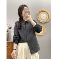 新款双层棉纱衬衣显瘦休闲复古小格子纯棉上衣长袖宽松时尚衬衫女