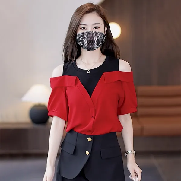 时尚显瘦露肩假两件衬衫洋气百搭减龄2023夏宽松遮肚子短袖