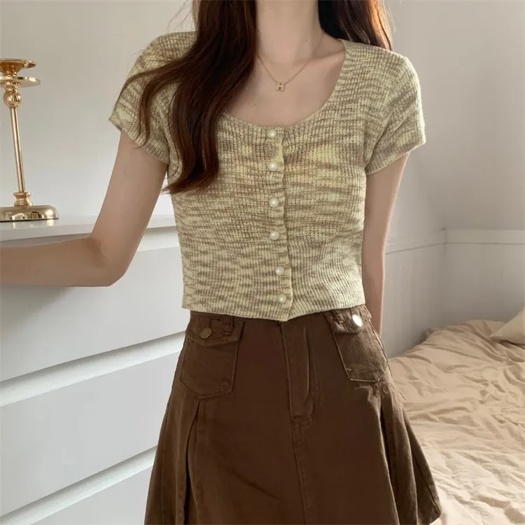 独特甜辣妹针织短袖T恤薄款别致高级设计感卡腰小衫上衣服