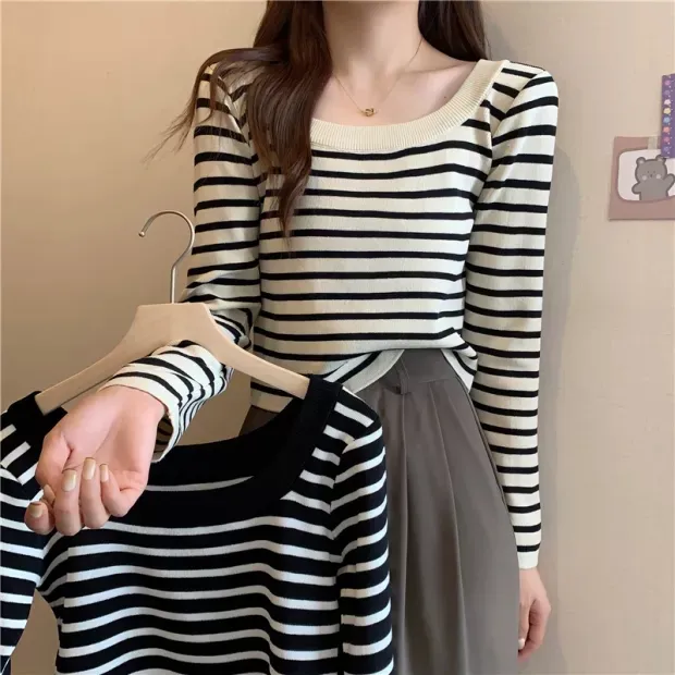 长袖秋季毛衣方领早春小众短款拼接修身设计感拼色毛针织衫显瘦