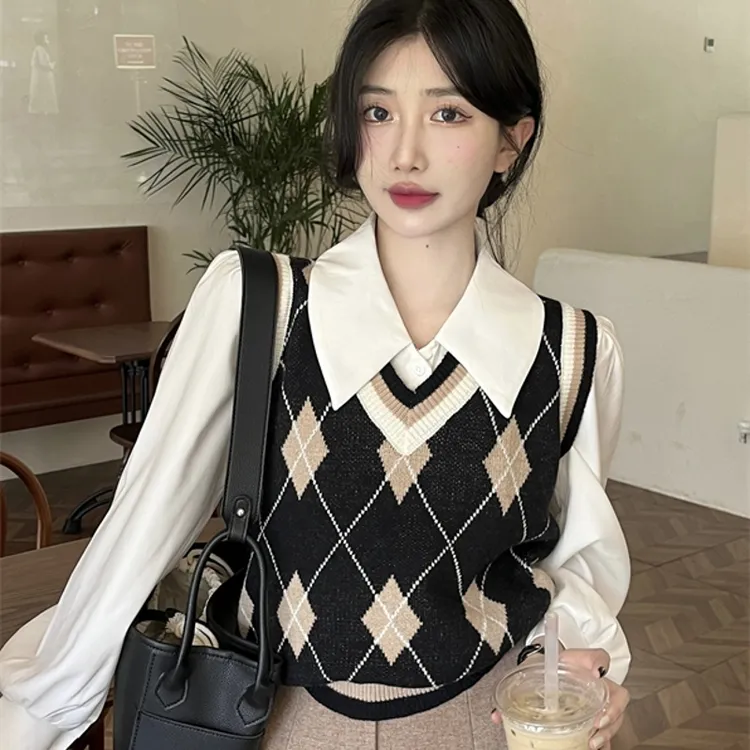 长袖V领厚款毛针织衫宽松复古无袖衬衫百搭坎肩设计感外穿叠穿