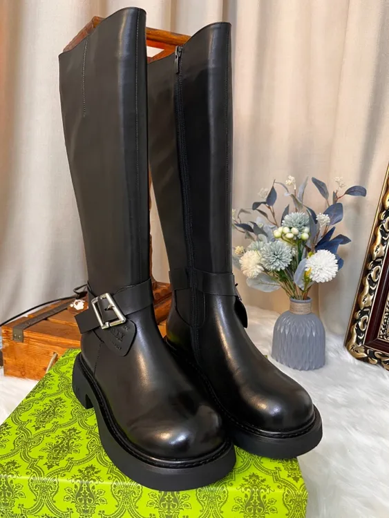 黑色头层牛皮膝下靴黑色高筒靴时尚百搭厚底高筒靴真皮中筒靴圆头
