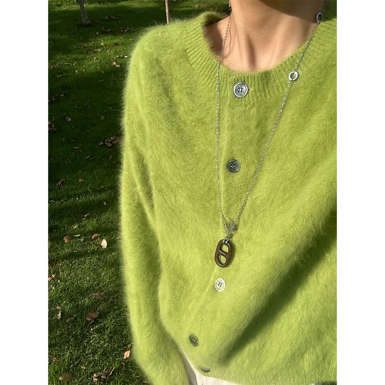 软糯奶fufu绿色水貂绒毛衣外套女秋冬慵懒风宽松外穿针织开衫上衣