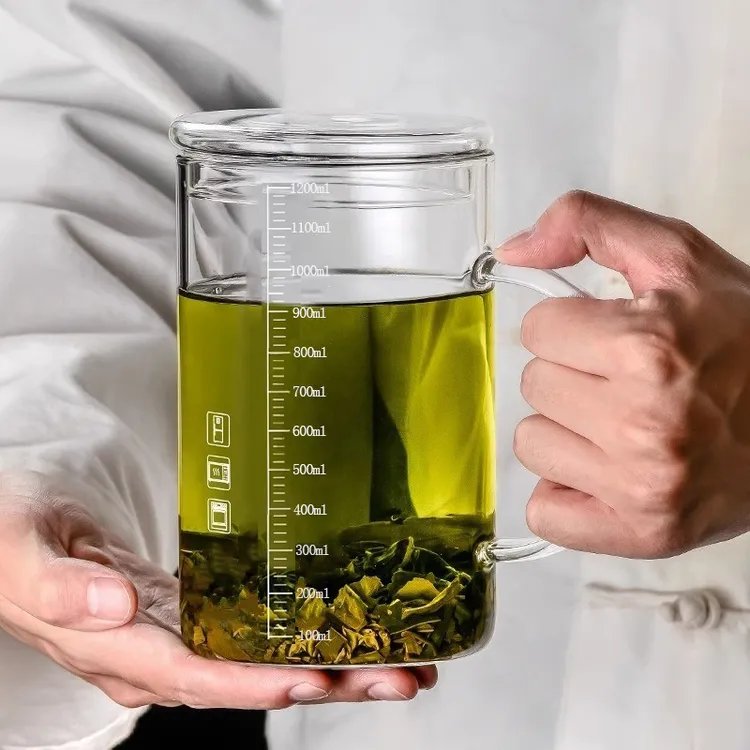 高硼硅1200ml大容量玻璃杯茶杯刻度水杯办公室带盖带把手喝茶杯子