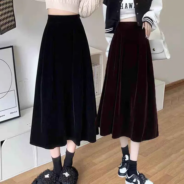 大码女装高腰丝绒半身裙女春秋季修身显瘦气质百搭A字裙时尚洋气