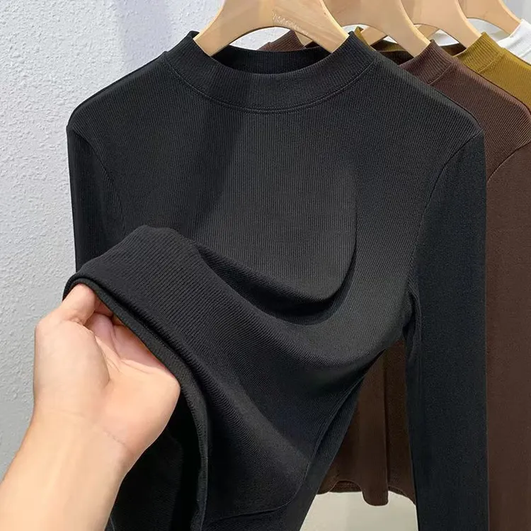 春秋季外穿绒衫小立领修身显瘦长袖打底衫时尚洋气百搭大码上衣女