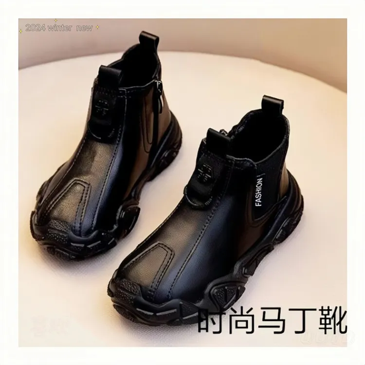 儿童马丁靴加绒冬季洋气2025新款6-12岁宝宝真皮大童短靴男童靴子