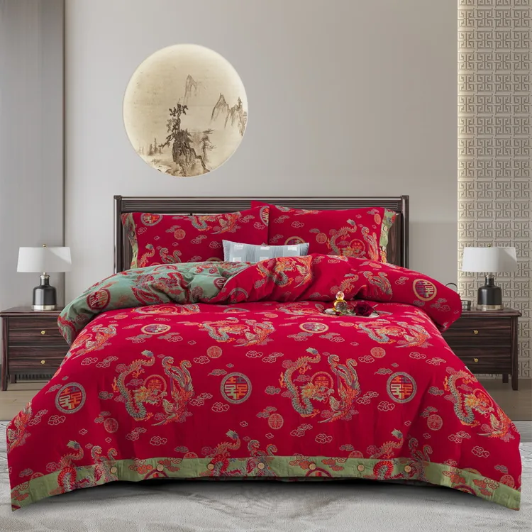 【龙凤呈祥-正红】四件套全棉双层纱被套婚庆陪嫁A类母婴柔软亲肤糯