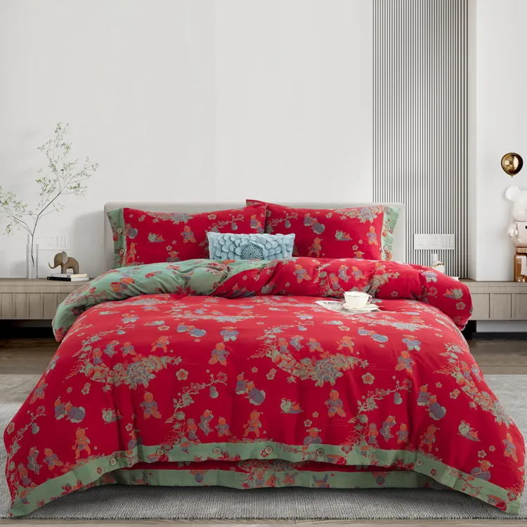 【百子迎福--正红】国风全棉四件套原创加厚色织双层纱亲肤婚庆陪嫁