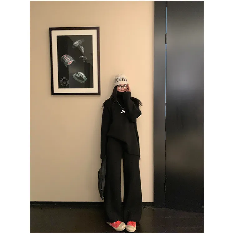 简约时尚轻熟风小个子两件套穿搭修身显瘦长袖上衣高腰垂感阔腿裤