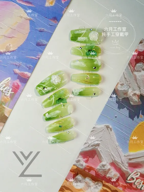 绿色山茶花纯手工穿戴甲