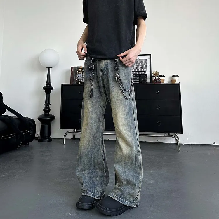 小柯XCOK巴黎竹节纹微喇牛仔裤cleanfit美式复古高街宽松直筒裤子