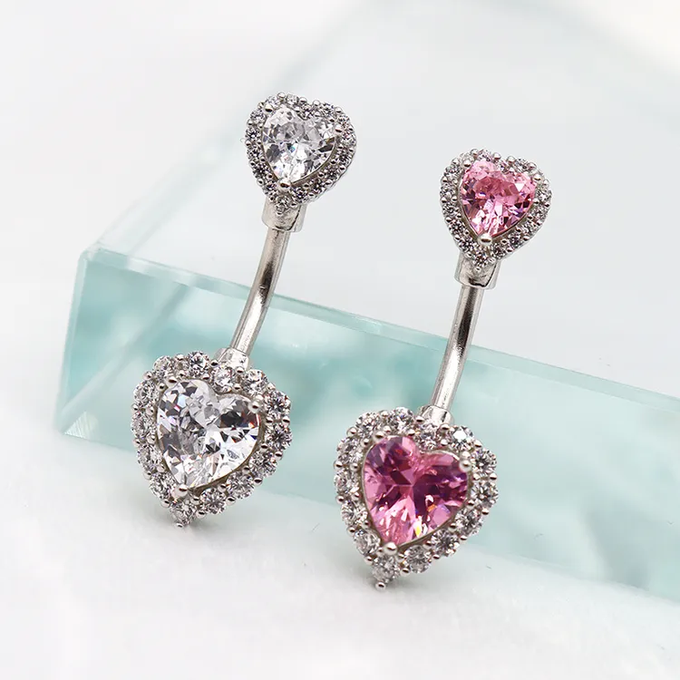 925银银制品 甜美双心肚脐钉女防过敏穿刺饰品2024夏季新品时尚