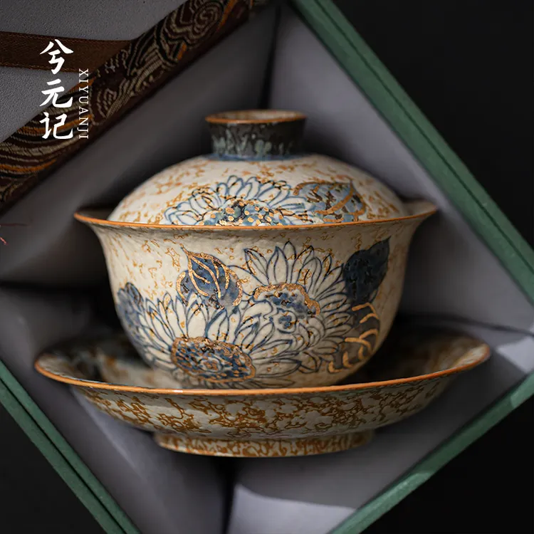 向日葵手绘青花火石红三才盖碗陶瓷茶杯家用高档带盖泡茶器礼盒装