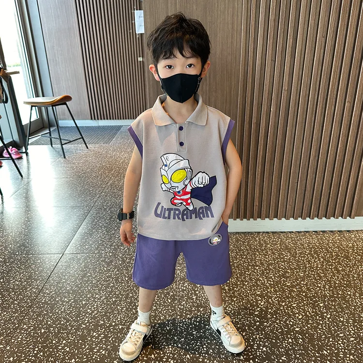 奥特曼衣服男童夏季无袖套装2025新款儿童夏装潮洋气时髦短袖短裤