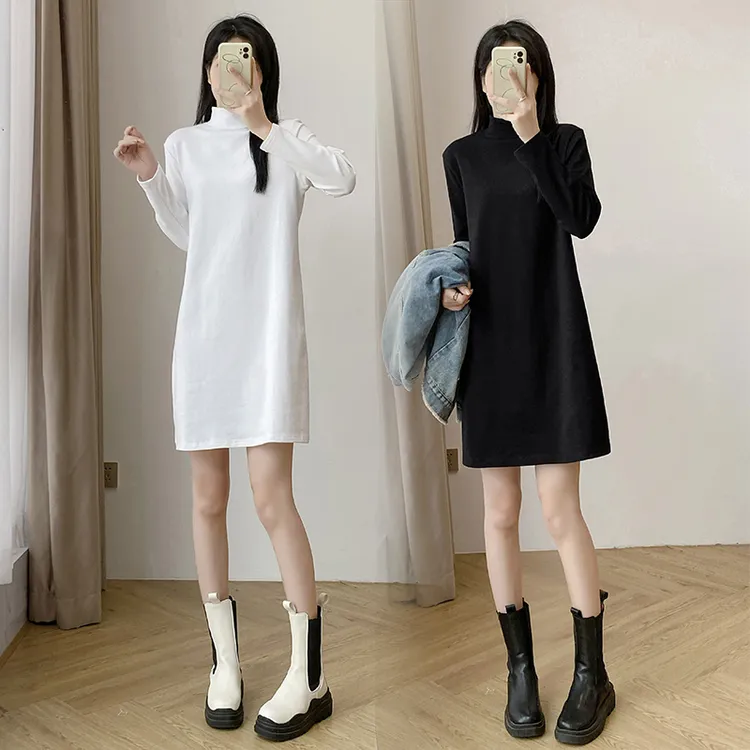 半高领纯棉磨毛长袖T恤裙女秋冬内搭大码宽松中长款休闲连衣裙