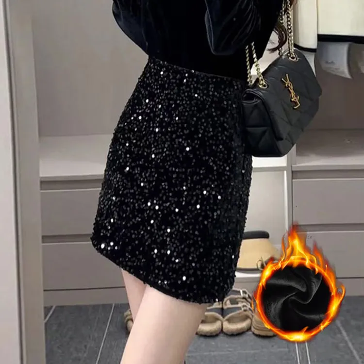御姐加绒亮片裙半身裙洋气亮晶晶裙子时髦百搭a字裙亮晶晶半身裙