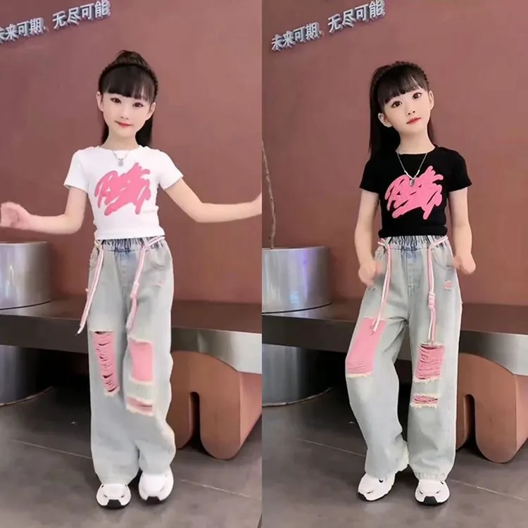 女童夏季短袖套装2025新款休闲儿童时髦短款长款阔腿破洞裤子时尚