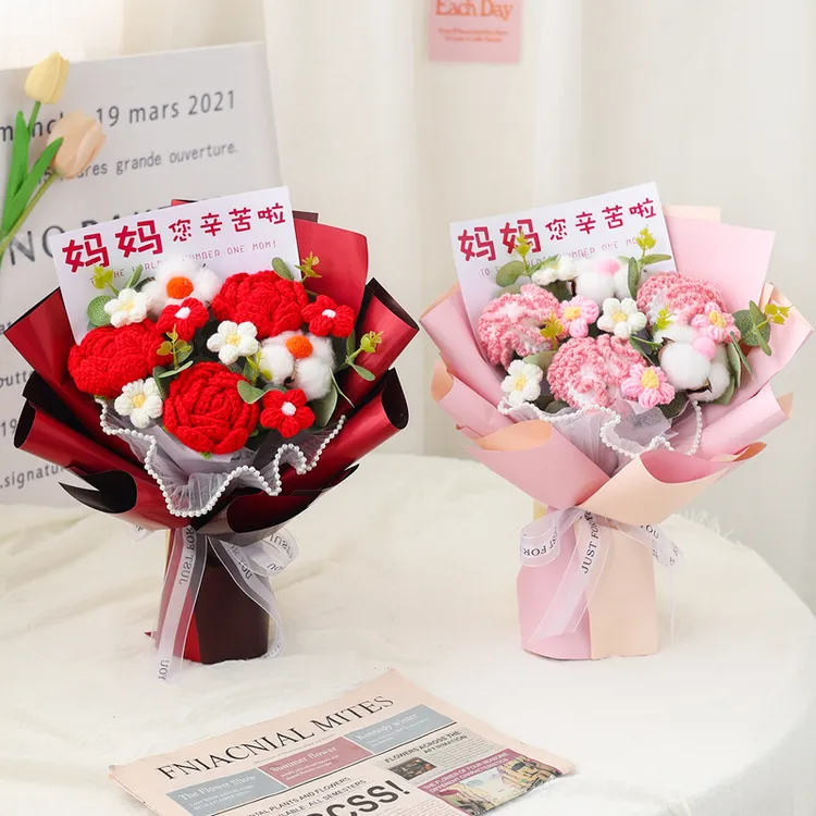 母亲节手工编织毛线仿真花束向日葵玫瑰花送员工妈妈生日礼物婆婆