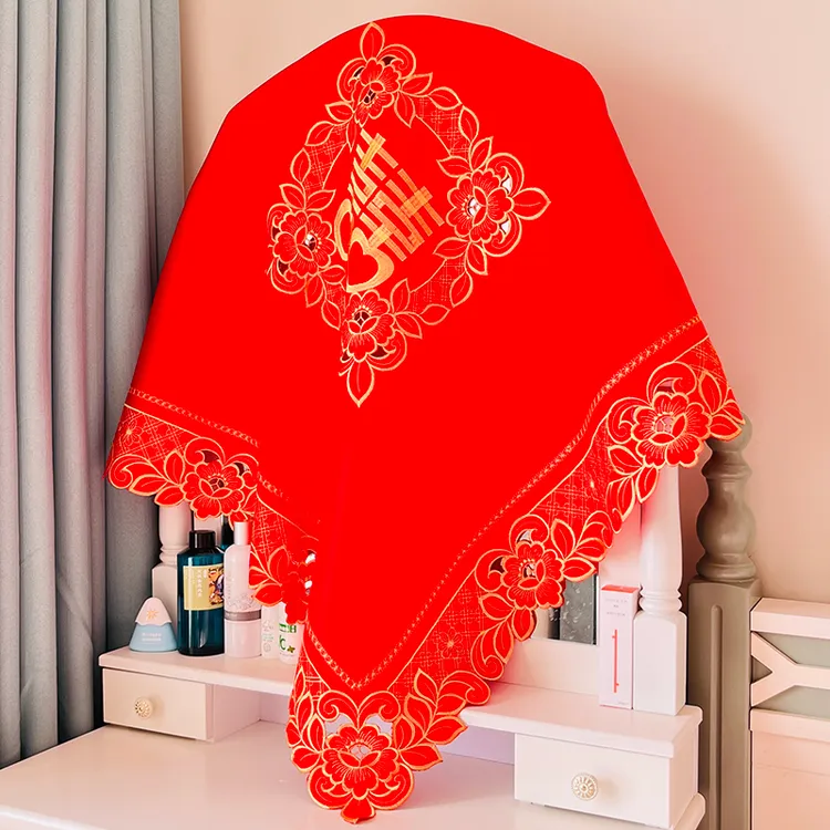镜子盖布梳妆台镜子防尘布化妆镜盖布遮挡帘喜字欧式红色风水帘巾