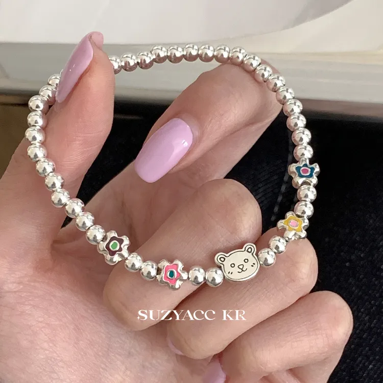 Suzyacc Kr 925银手链 彩色滴釉花朵可爱小熊纯银串珠手链C2148