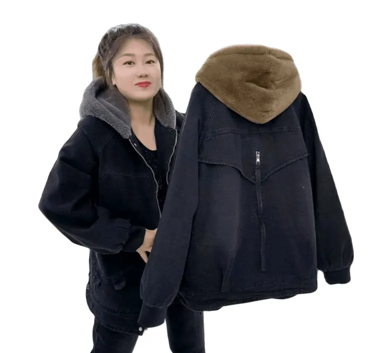 010加绒牛仔大码连帽显瘦百搭拉链棉服外套