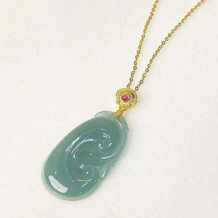 【117】18k金扣头天然翡翠如意吊坠【赠链子】