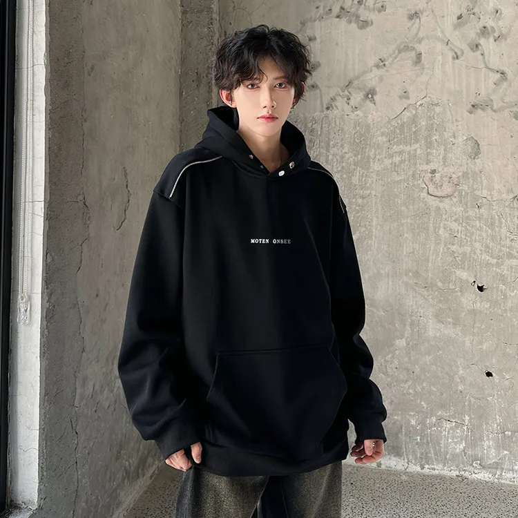 欧美高街搭扣卫衣男400g重磅秋冬加绒加厚连帽外套潮男痞帅高级感